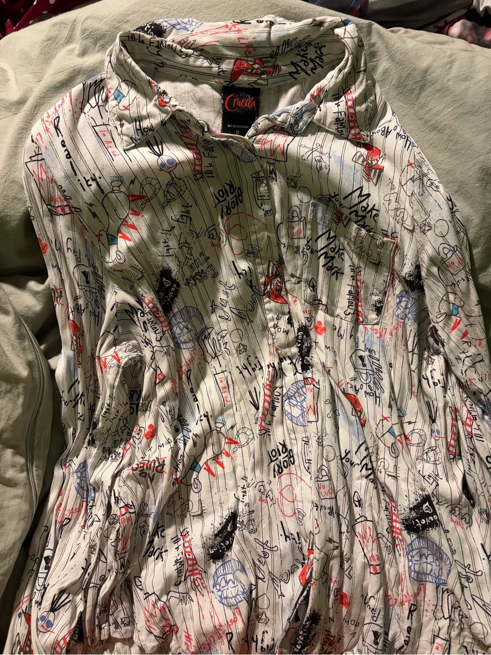 Disney Cruella White Button-Up Shirt with Red & Blue Graphics